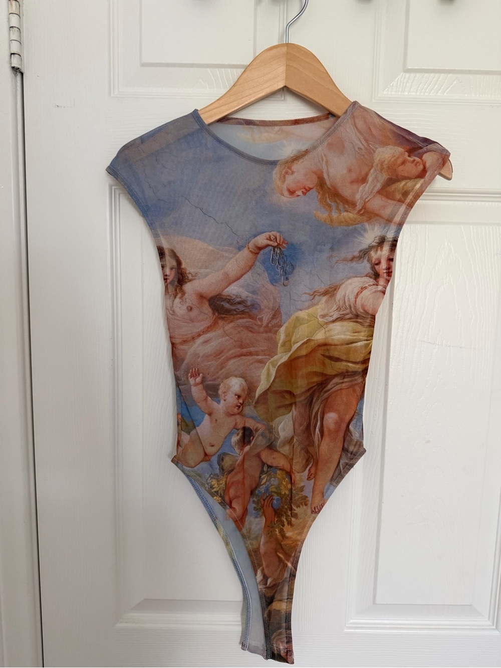 Zara Renaissance Angel Cherub Mesh Bodysuit Size S Sheer Art Print